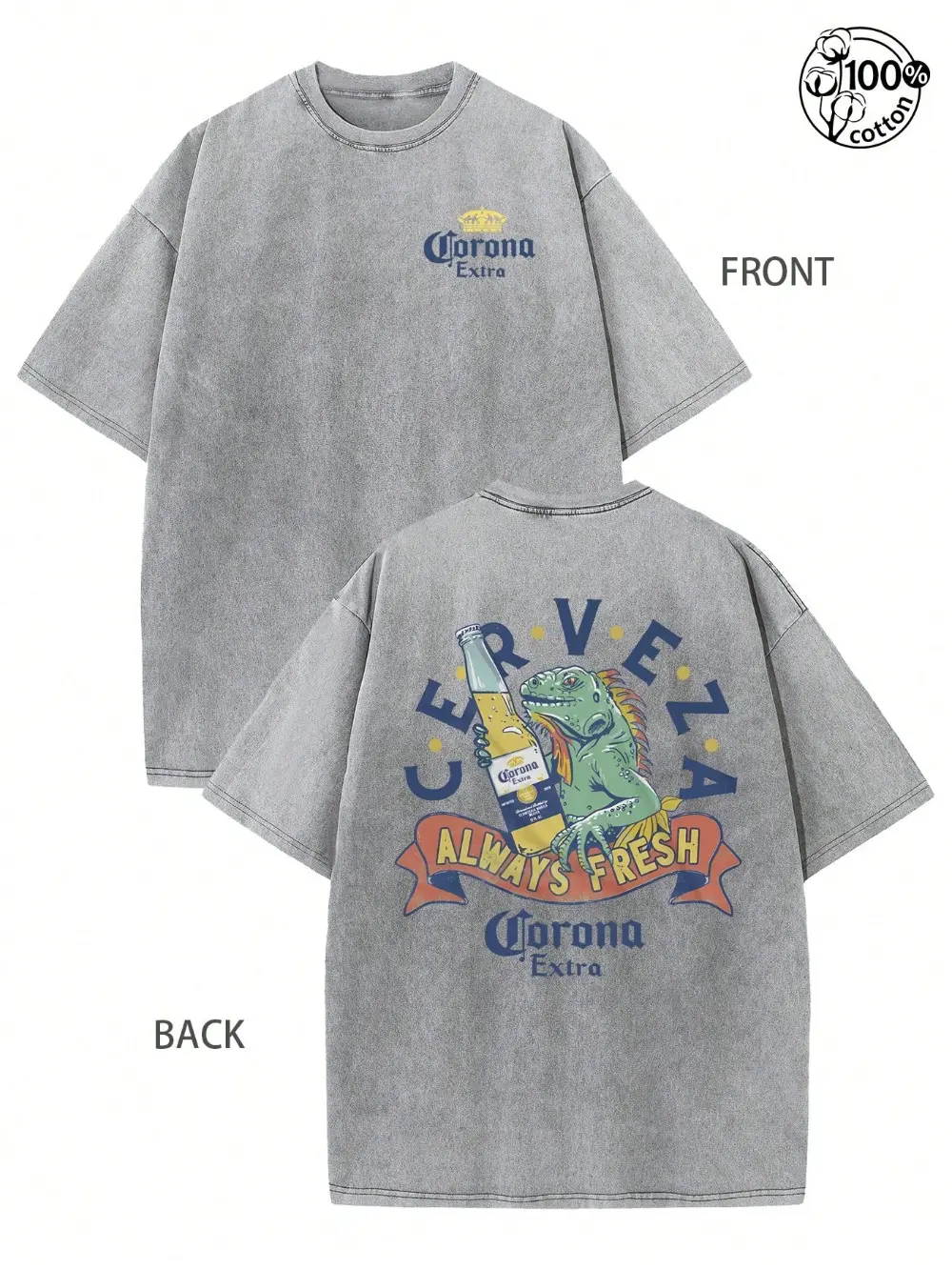 Unisex Vintage Washed Oversized Cotton Short-Sleeve T-Shirt - Funny Beer Graphic, Retro Lizard Double Print, Relaxed Fit Casual Wear Summer Sports Top