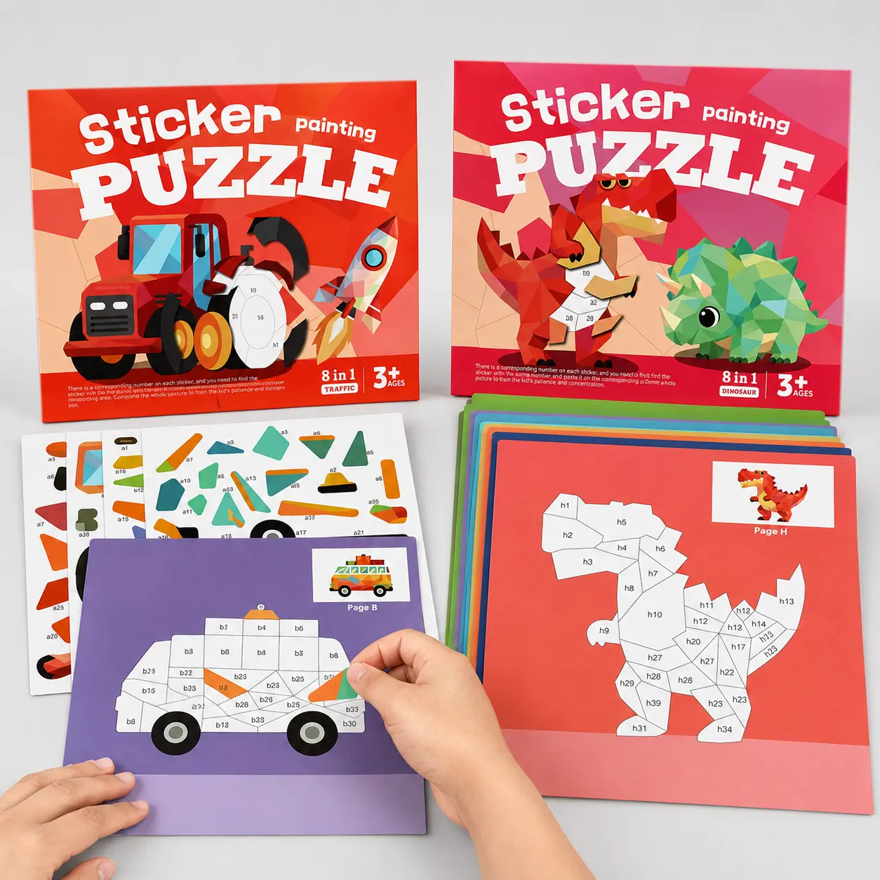 2-Book Paint by Sticker Set for Kids, 16 Fun Scenes, Sticker by Number 3D Collage Puzzle, Mess-Free Preschool Learning & Travel Activity for Ages 3-6
