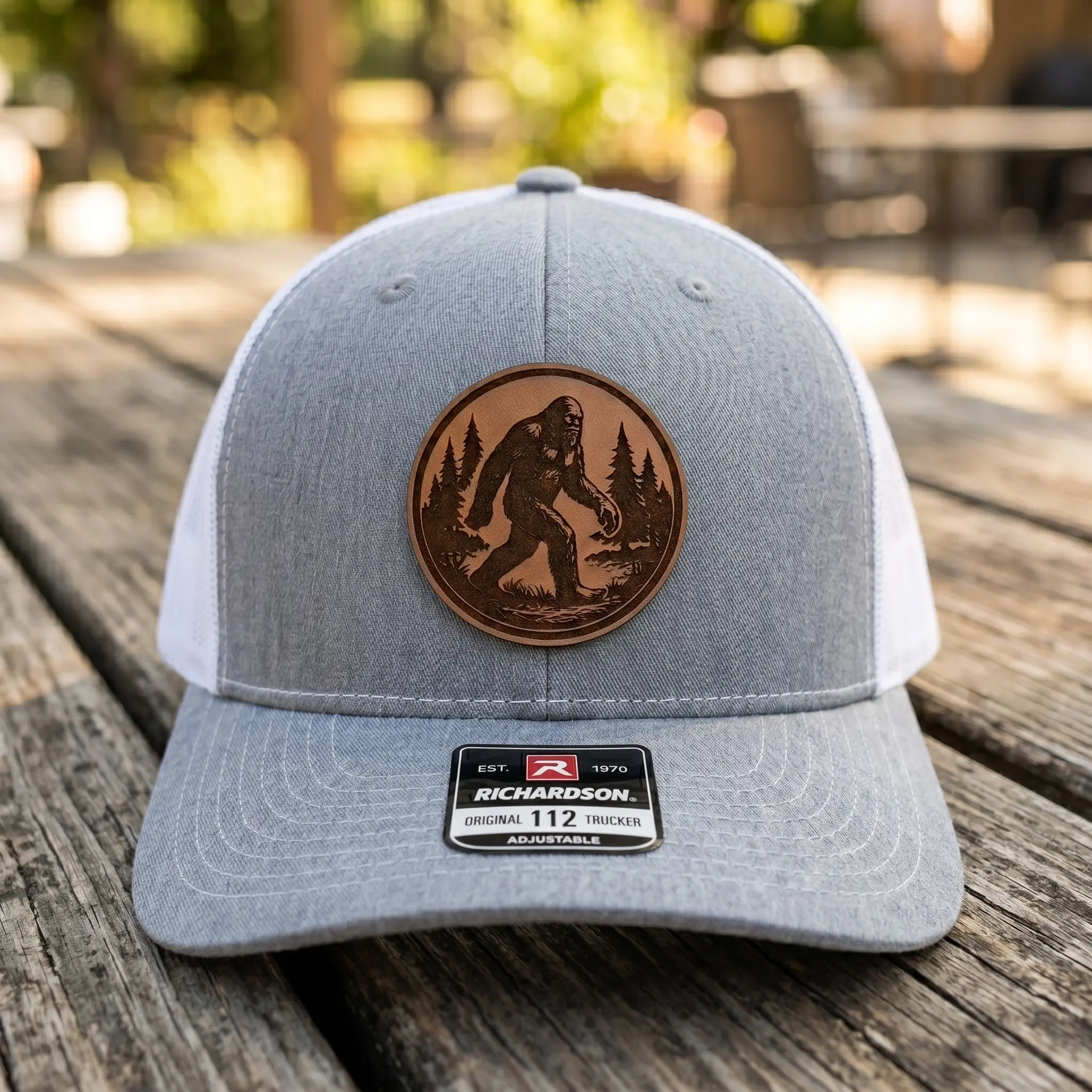 Bigfoot Leather Patch Trucker Hat, Sasquatch Leather Patch Hat for Men and Women, Gift for Bigfoot Lovers, Richardson 112 Leather Patch Hat