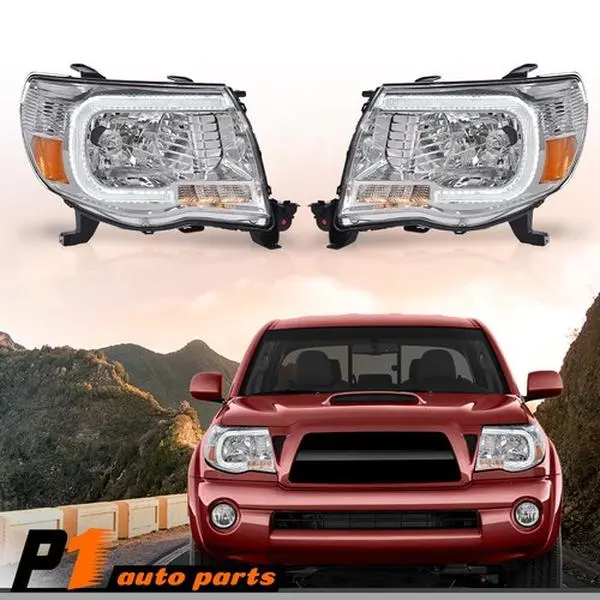 Fit For Toyota 2005-2011 Tacoma 1 Pair Clear LED Tube DRL Projector Headlights, Bolt-On Type, Chrome Housing