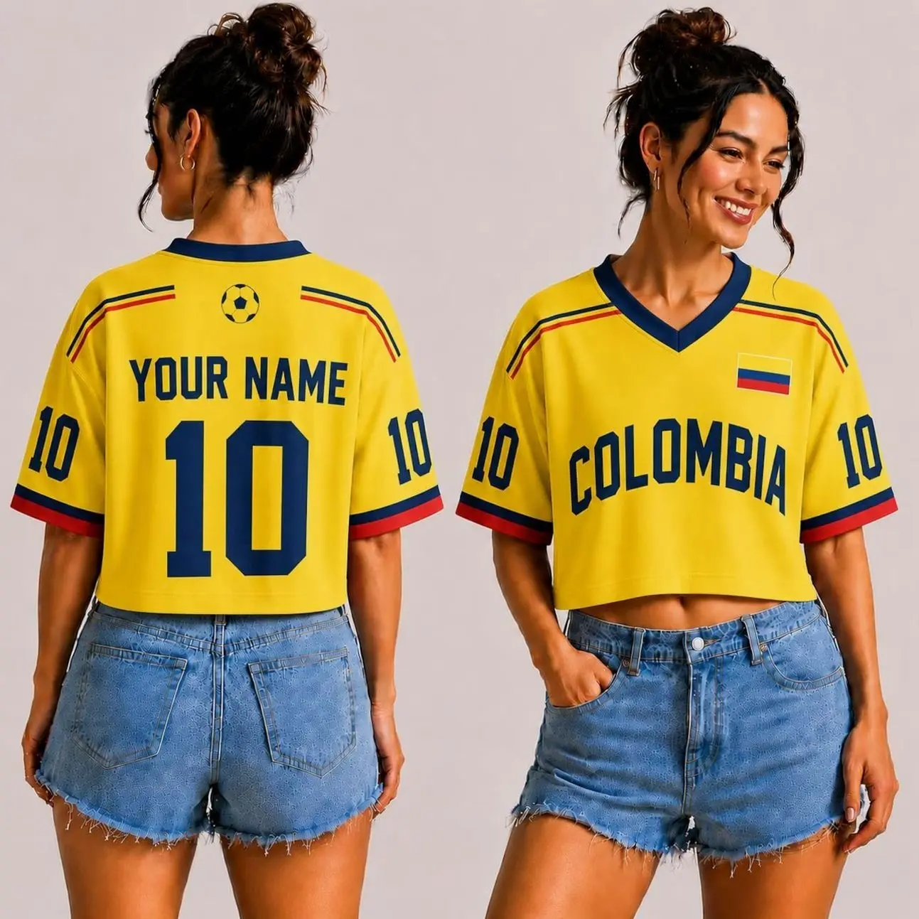 Custom Colombia Soccer CropTop Jersey | Women Yellow Football Shirt | Retro Tricolor Blokecore Apparel | Patriotic Fan Gift