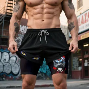 Demon Slayer Akaza  Upper Moon Three Anime 80s 90s Double-Layer Sports Shorts Graphic Shorts Black Camo Streetwear Shorts Men Outfits Men Vacation Outfits Shorts