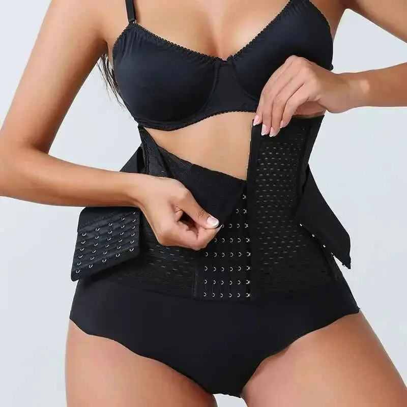 Lady’s Fitted Fabric Compression Waist Cincher Corset - Adjustable Hook-and-Eye Body Shaper Belt, Breathable Tummy Control Waistband, Seamless Under Clothes, Black Casual Girdle for Dresses Jeans