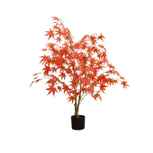 3.9 ft Tall Decorative Artificial Autumn Maple Tree with Silk Red Leaves, Faux Plant in Plastic Pot, Fall Home Decor for Thanksgiving Harvest
