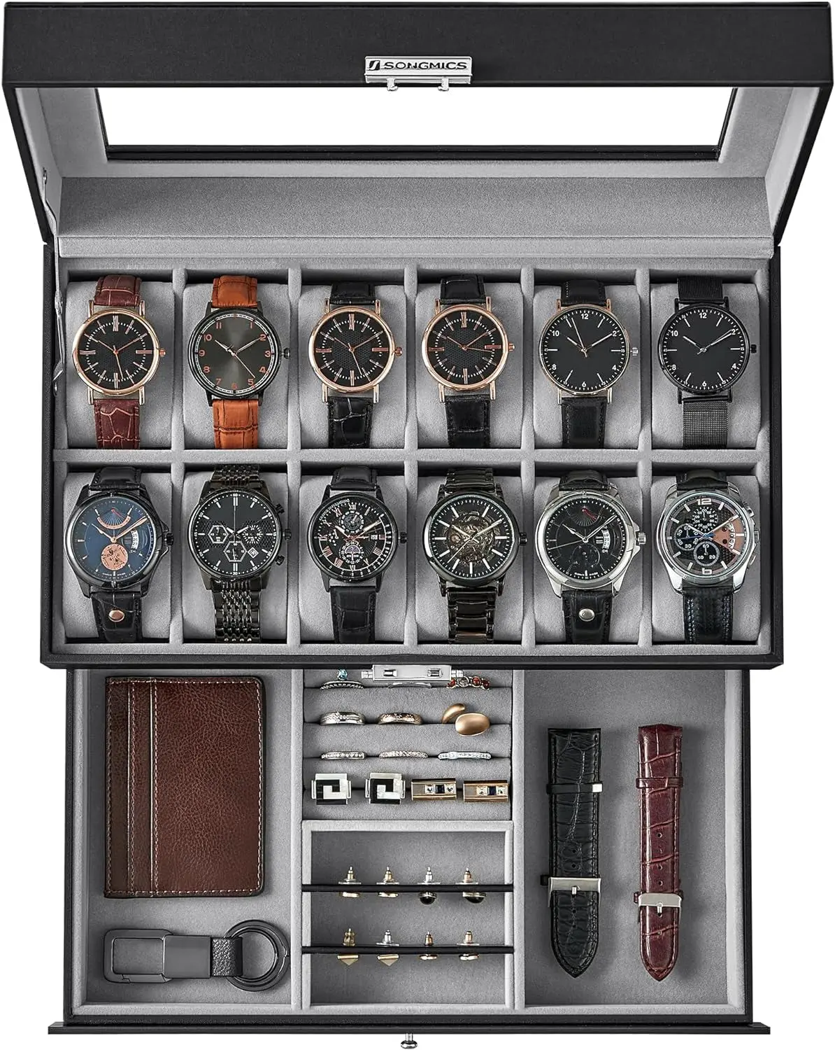 12-Slot Luxury Watch Box, Lockable Watch Case with Glass Lid, 2 Layers, with 1 Drawer for Rings, Bracelets, Gift Idea, Black Synthetic Leather, Gray Lining