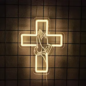 Praying Hands Neon Sign Cross  Light Suitable for Bedroom, Living Room, Auditorium, Party Decoration Christian Neon Sign Gift for Believers