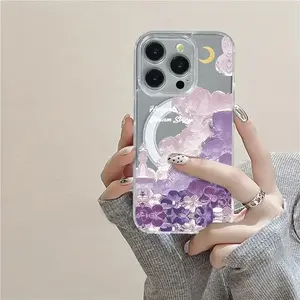 Phone case: Purple Cloud Flower Pattern Large Hole Transparent Phone Case with Magnetic Ring Compatible with iPhone 17 E Air Pro ProMax iPhone16 15 14 Plus 13 12 11 X XS XR Protective Case,Hard Case