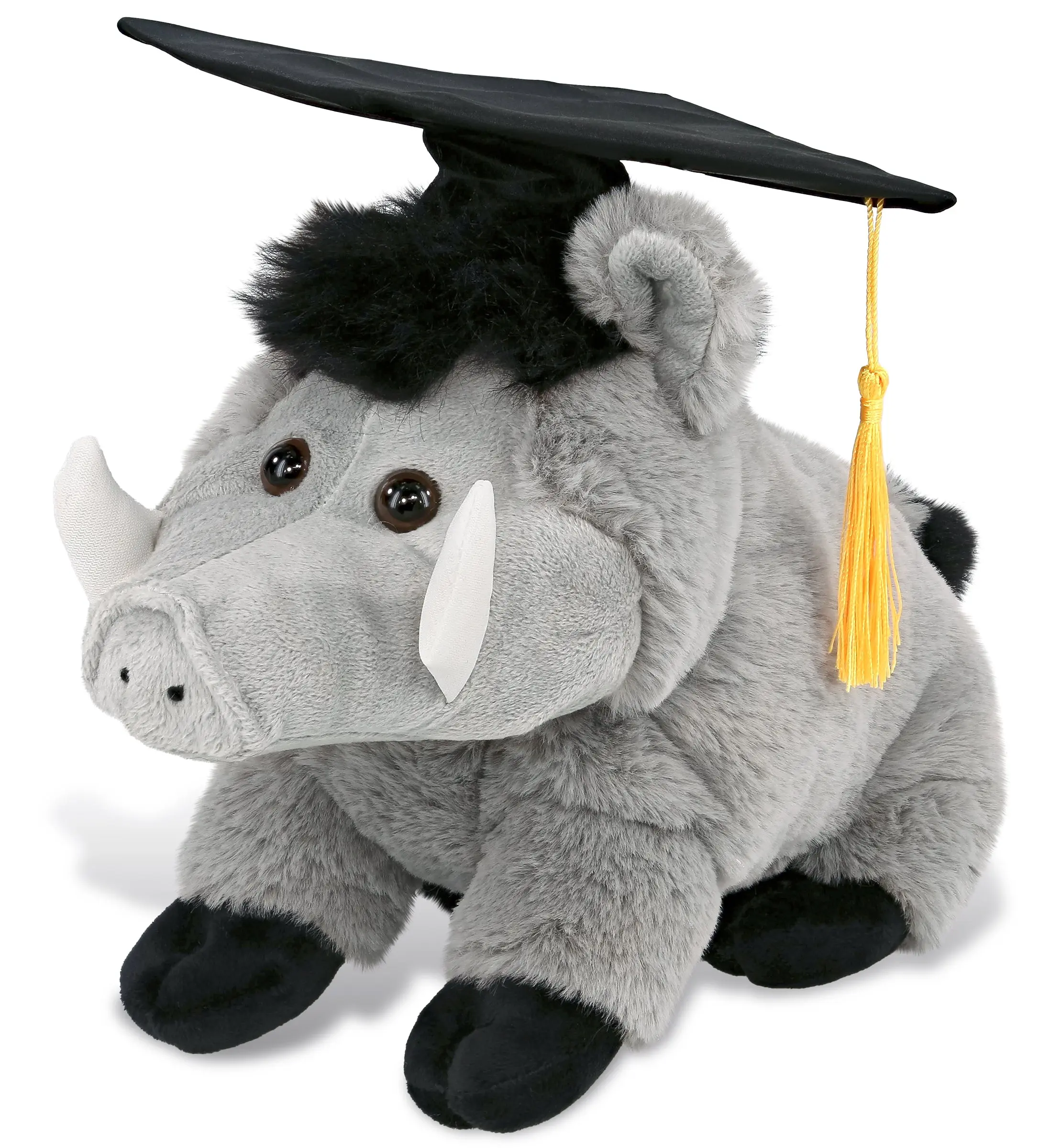 DOLLIBU 7.5in Fluffy Super-Soft Polyester 1 Grey Boar Stuffed Plush Toy - 8.5l x 5.5w x 7.5h in, Realistic Design, Yellow Tassel, Removable Hat, College Graduation Gift for Black Graduation Gown Wearers, 1 Black Graduation Gown