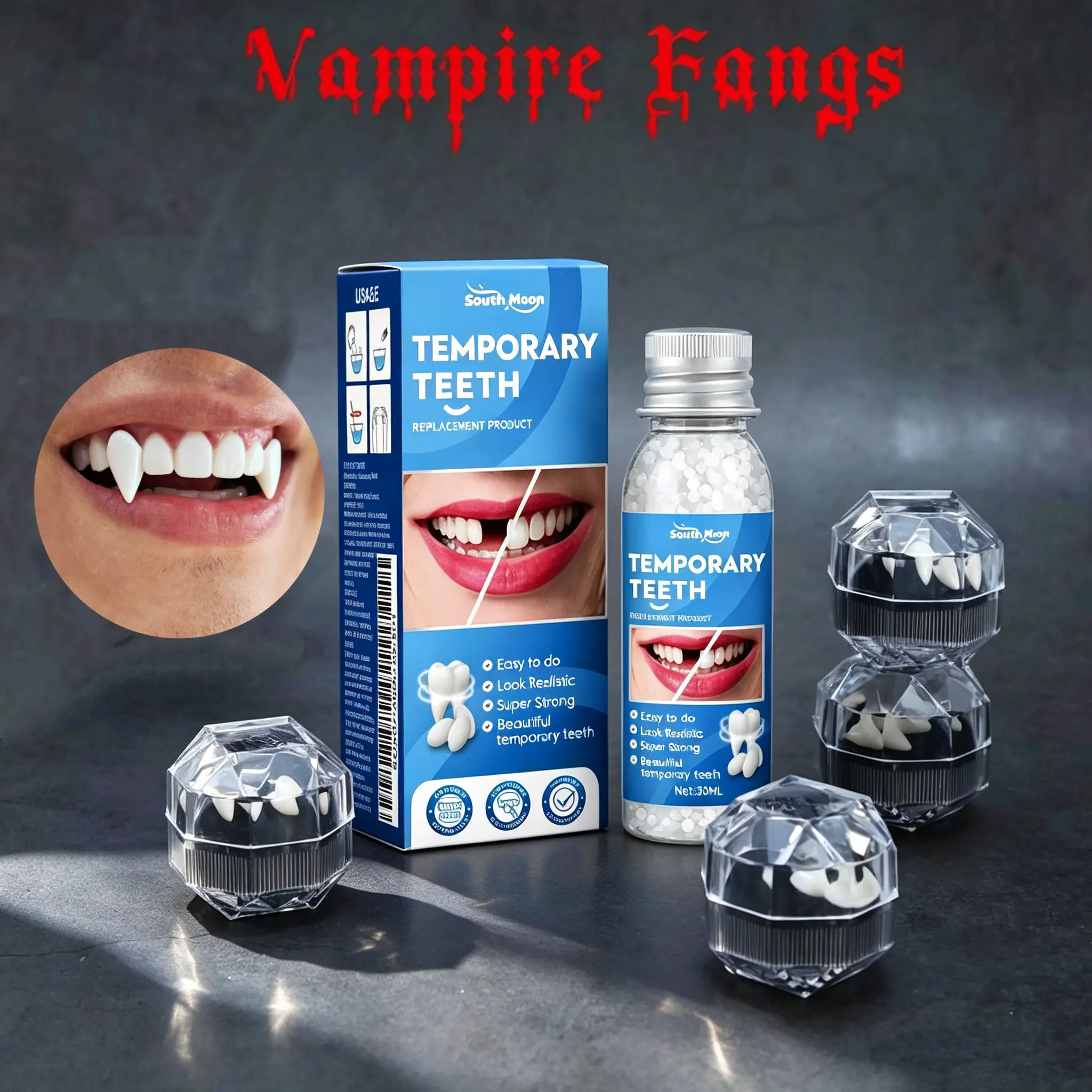 Creepy Vampire Fangs, 4 Pairs Reusable Set with Adhesive, Multi-Size Resin Prop for Halloween Costumes, Gothic Party Accessory for Adults & Teenagers, Accessories, Vampire Costume, Cosplay Props, Vampire Teeth Denture Adhesives