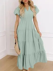 Women's Aqua Mint Green Puff Sleeve Tiered Maxi Dress V-Neck High Waist Flowy Summer Boho Casual Sundress with Pockets