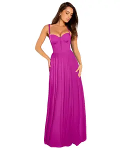 Bombshell Maxi Dress Electric Fuchsia Spaghetti Strap Sleeveless Summer Dress with Built-in Shapewear Molded Cups & Power Mesh Lining