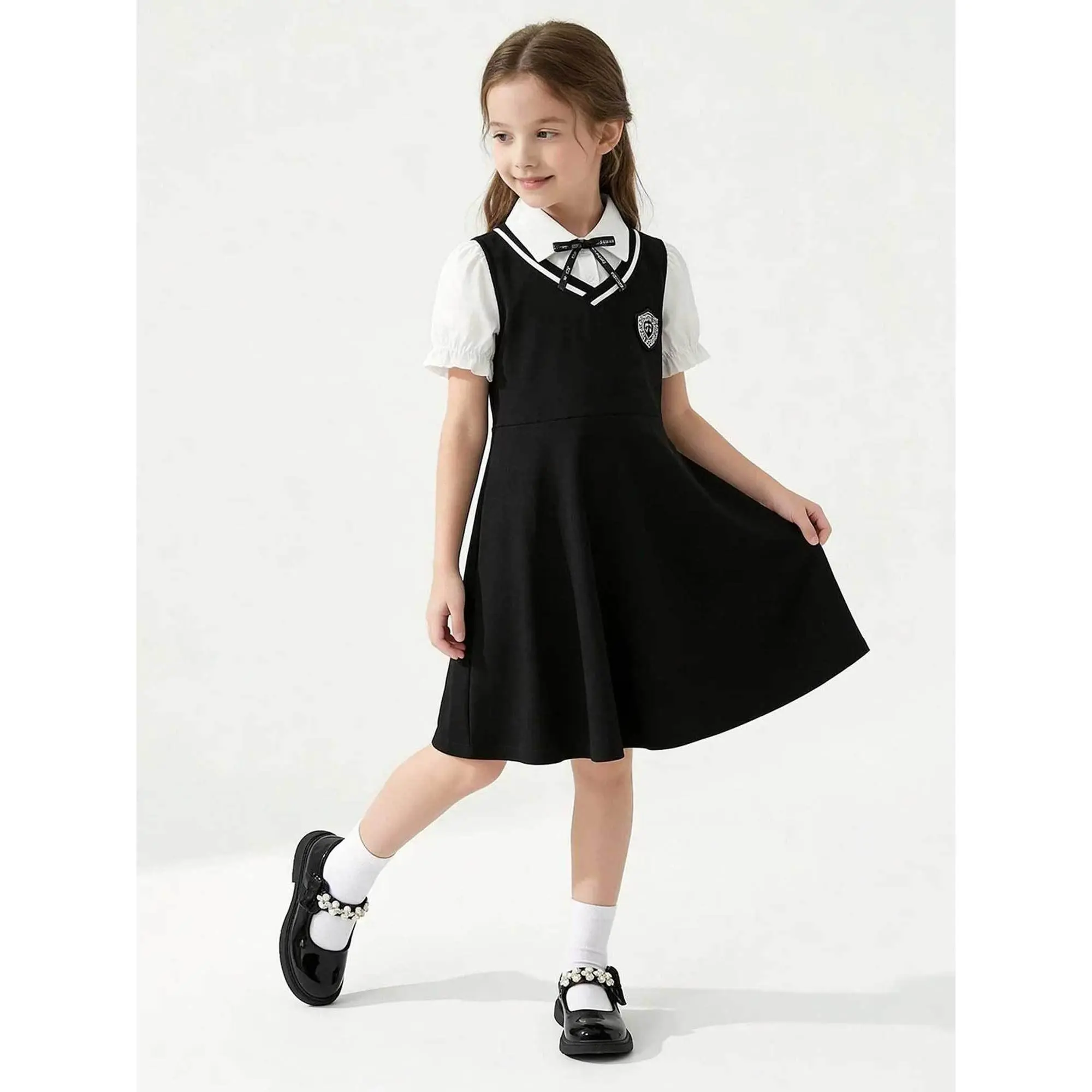 2026 Summer New Girls' Dress, Casual College Style, Faux Two-Piece Strap Princess Dress with Bow Tie Decoration, Puff Sleeves, Short Sleeve, Knee-Length Dress, Trendy Item for Teenage Girls