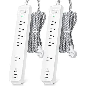 2 Pack Power Strip Surge Protector - 5 Widely Spaced Outlets 3 USB  Ports, 1875W/15A with 5Ft Braided Extension Cord, Flat Plug, Overload Surge Protection, Wall Mount for  Office,White