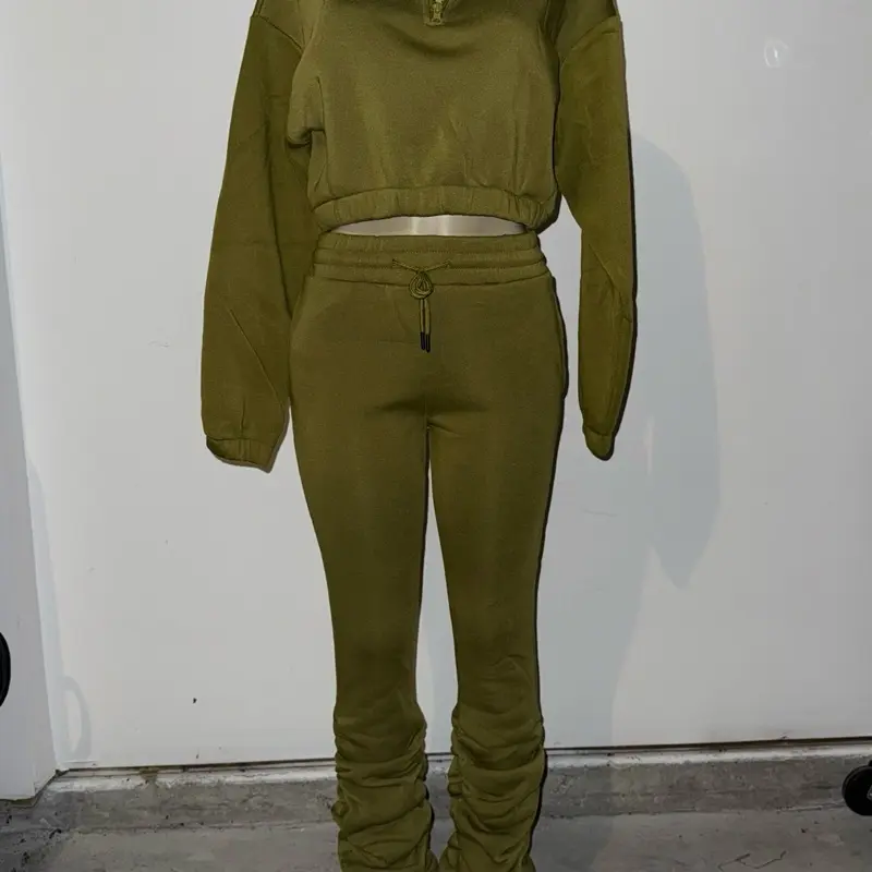 Olive Green Sweatsuit Stacked Pants Zip Up Sweater Set for Women Womenswear Clothes Top Comfortable & Stylish