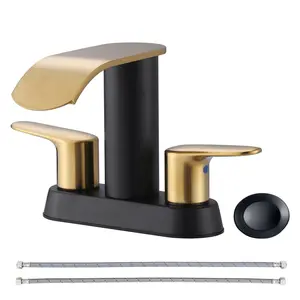 WOWOW Waterfall Bathroom Sink Faucets: Bathroom Faucets Black and Gold, 4 inch Centerset Sink Faucet, 2 or 3 Holes Two Handles Faucet with Pop up Drain, Modern Lavatory Faucet
