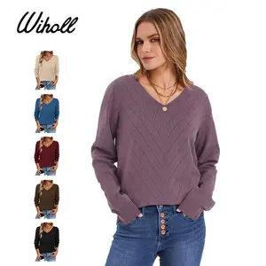 WIHOLL 2025 Women's V-Neck Knitwear - Crochet Knitting Details, Flattering Silhouette, Breathable Womenswear Top for Office & Casual