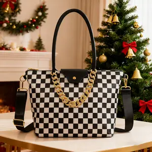 Elegant Black and White Checkered Crossbody Bag for Women with Zip Closure Lightweight Tote with Shoulder Strap and Chain Minimalist Handbag for Daily Use and Commuting medium  bag purse fanny pack