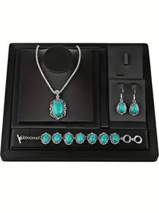 Boho Fashionable Jewelry Set Necklace Bracelet Earrings Turquoise Inlay Vintage Flower Design Daily Wear Party Decoration