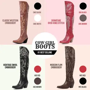 CELNEPHO Women Cowboy Boots Pointed Toe Classic Embroidered Chunky Block Heel Side Zipper Closure Over the Knee Western Boots Spring Party Cowboy Festival Valentine Dress Shoes