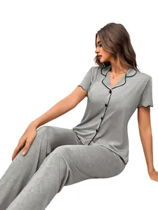 Women's Short Sleeve Pajama Set Pjs, Button Down Notch Collar Top & Wide Leg Pants, Ruffle Trim, Soft Loungewear, Casual All Seasons Pyjamas
