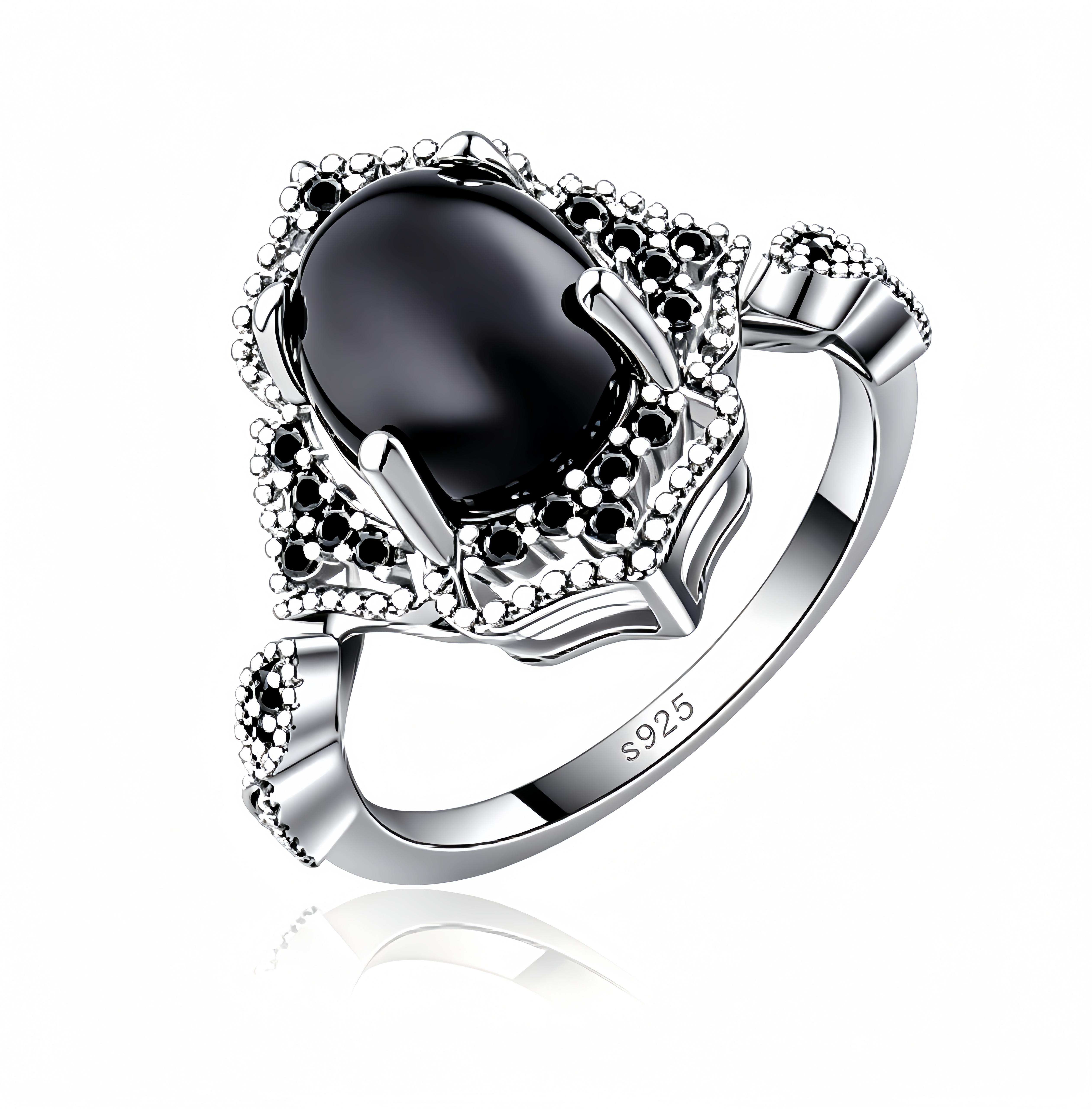 925 sterling silver, Vintage Gothic Black Onyx Sterling Silver Ring, Oval Big Stone Pave Band, Dark Grunge Witchy Statement Jewelry, Ideal for Party, Dating & Goth Outfit Match, Gift for Women Emo Alt Girls Punk Lovers  Fine Finger Ring US Shipping