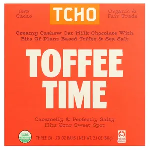TCHO Toffee Time, Oat Milk Chocolate With Toffee & Sea Salt, 53% Cacao, 3 Bars, 0.70 oz Each