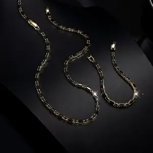 Elegant 2pcs Black Men's & Women's Fashion Tennis Necklace & Bracelet Set Shiny 18k Gold Rectangle Round Zircon Inlay Unisex for Valentine's Day Anniversary Jewelry Set