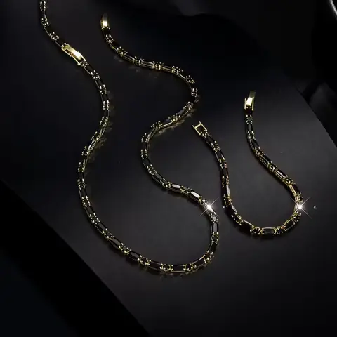 Unisex 2-Piece Elegant Black Fashion Tennis Jewelry Set - 18K Gold Plated, Rectangle & Round Zircon Inlay Necklace & Bracelet, Couple Anniversary Valentine's Day Gifts for Adults