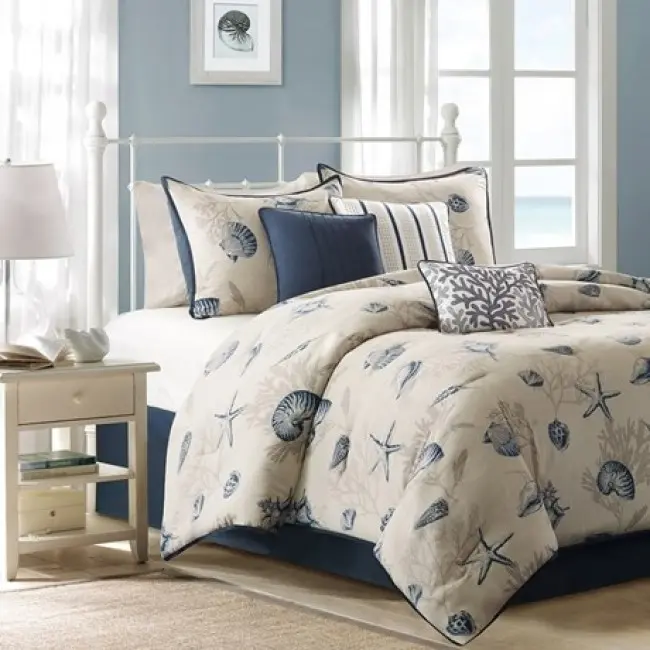 Madison Park MP10-506 Bayside Comforter Set - Cal King, Blue, Coastal Look, Ocean Theme, Sea Life Print
