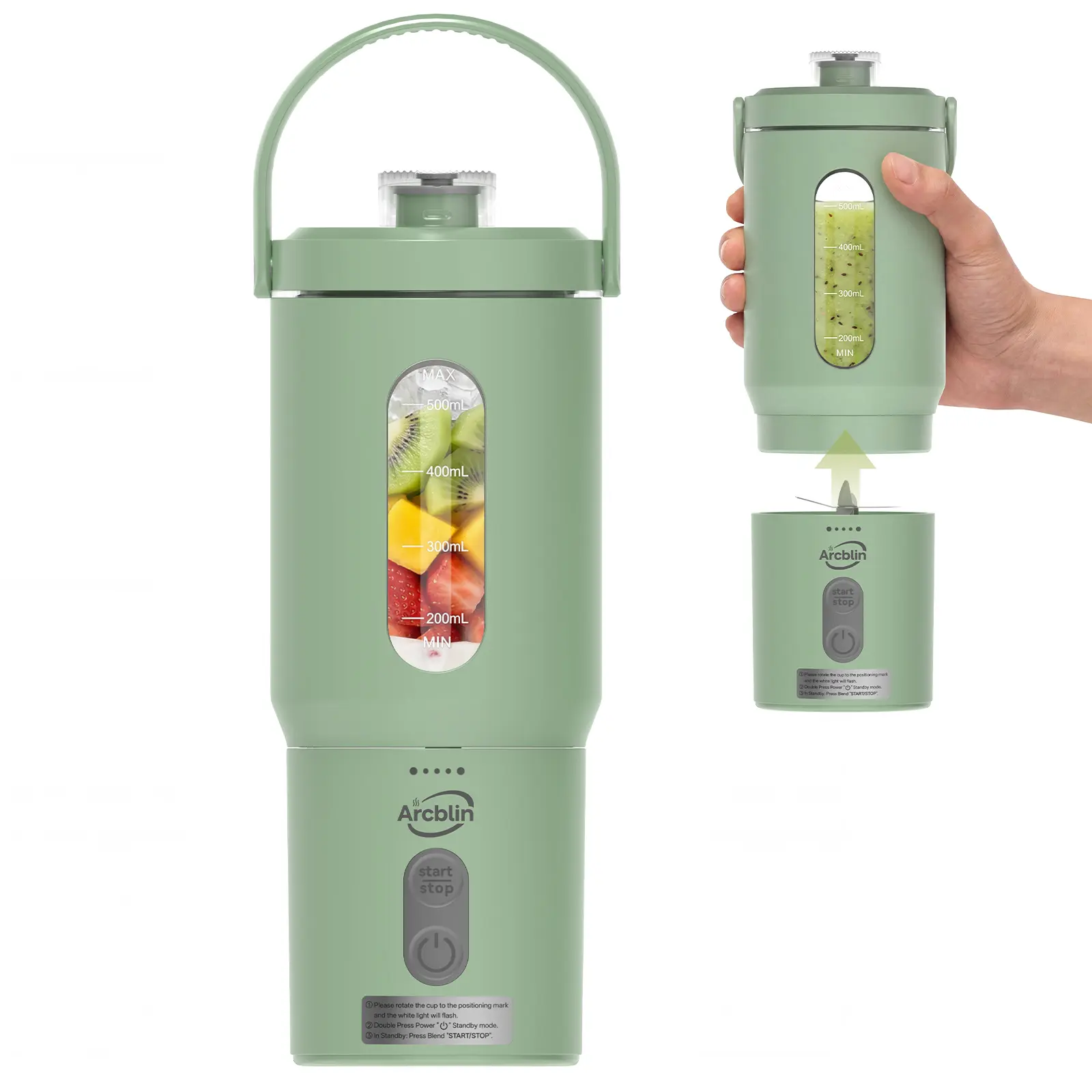 Portable Blender for Shakes and Smoothies, 17oz Personal Blender with Detachable To-Go Cup & Carry Handle, USB-C Rechargeable Mini Juicer, Auto-Shutoff, BPA Free, Dishwasher Safe, Green