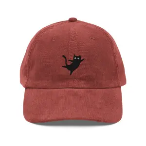 Playful Black Cat Embroidered Corduroy Dad Hat with Simple Design