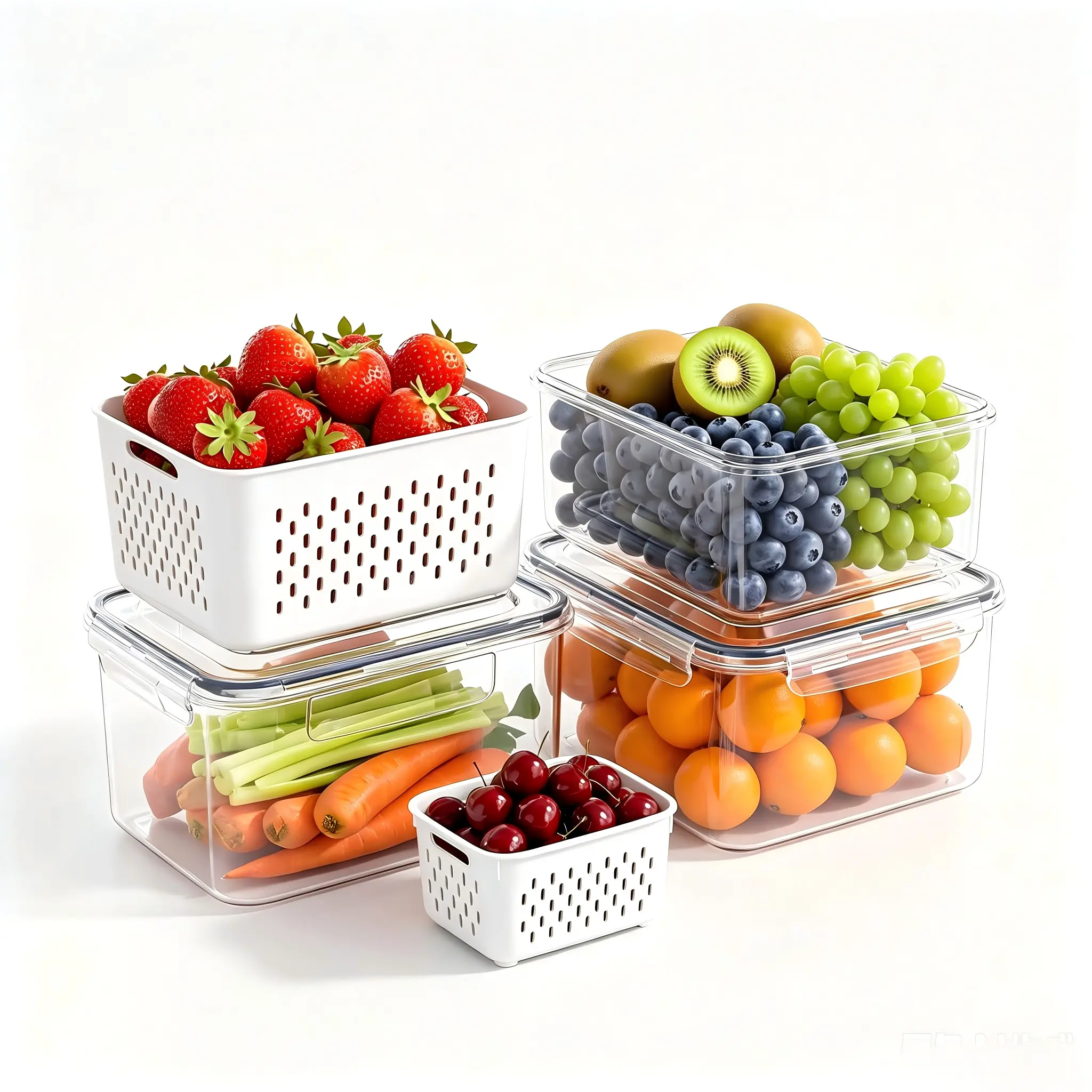 5-Pack Stackable Plastics Food Containers with Removable Drain Colanders, Snap Lid Closure Airtight Spill-Proof Tall Plastic Fridge Organizer Bins for Fruit, Vegetables, Weekly Prep Meal Storage