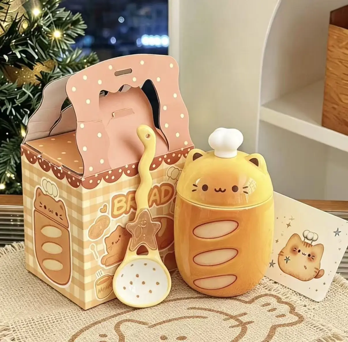 Cute Cat Bread Ceramic Mug With Lid Spoon Set Kawaii Large Capacity Coffee Tea Cup Creative Gift For Friends