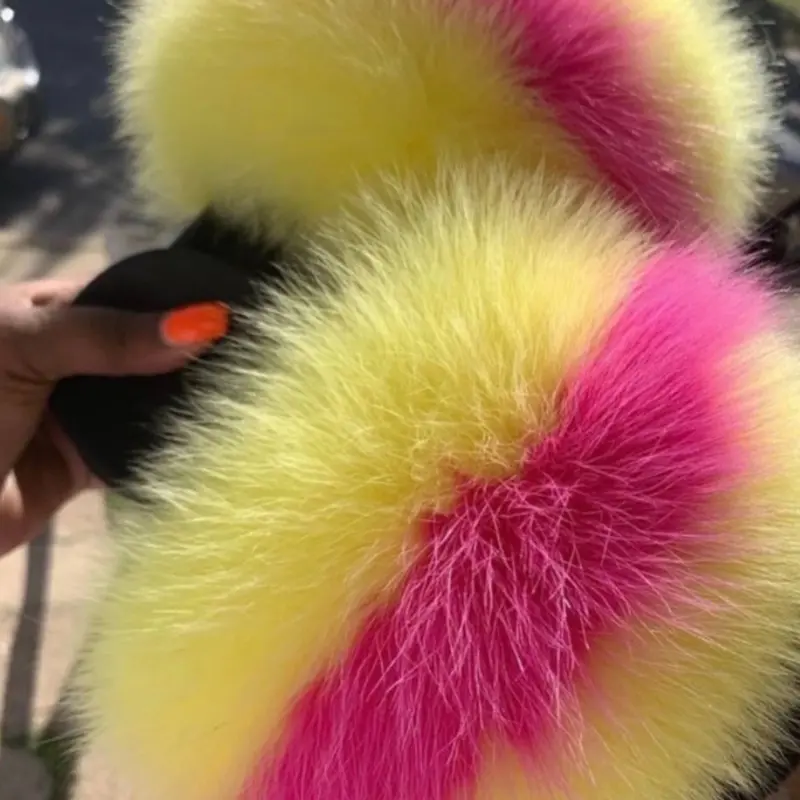 Strawberry Lemon Fluffy Slides for Women & Girls - Indoor/Outdoor Comfortable & Stylish Open Toe Fur Slides with Soft Rubber Sole sizes 6.5,7,7.5 only.