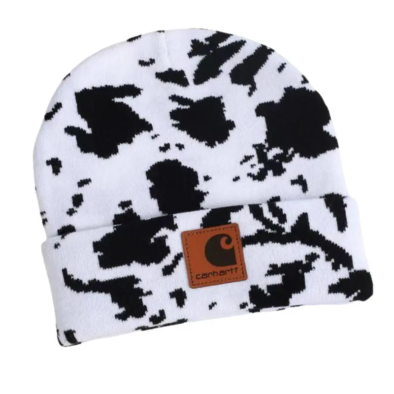 Cow Print Jacquard Cuffed Knit Beanie, Leather Patch Warm Windproof Skull Cap, Western Fashion Winter Stretchy Beanie Hat for Men Women