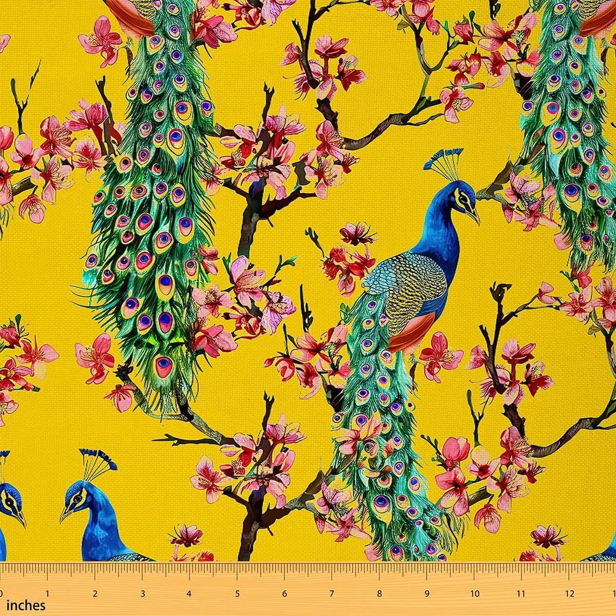 Peacock Fabric,Floral Tree Branches Upholstery Fabric Chairs and DIY Projects,Chic Flower Animal Peacock Feathers Decorative,Yellow Green