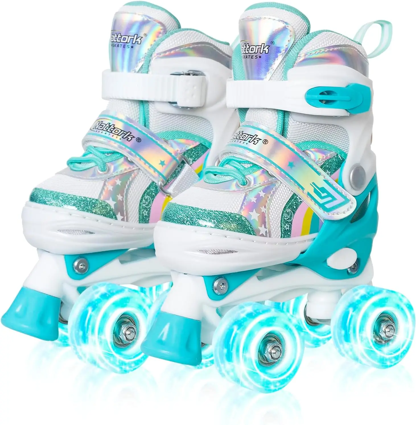 Nattork Kids' Rainbow Quad Roller Skates for Girls & Boys, 4-Size Adjustable with Light-Up PU Wheels & ABEC-7 Bearings, Indoor-Outdoor Beginner Balance Training