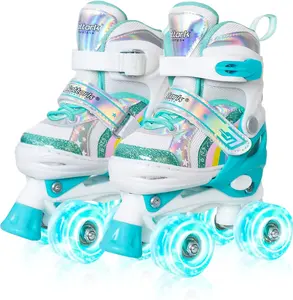 Nattork Kids Rainbow Quad Roller Skates for Ages 3-8, 4-Size Adjustable, Light-Up PU Wheels, Toe & Ankle Protection, ABEC-7 Bearings, Stable Beginner Balance Trainer, Indoor-Outdoor Sports Toy
