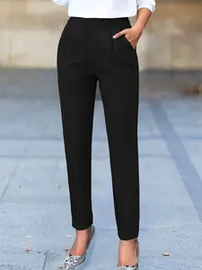 Women's High-Waisted Tummy Control Carrot Pants, Straight Leg Casual Office Suit Pants, Elegant Plain Design for Daily Commute