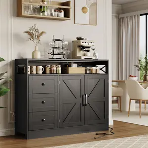 47" Buffet Sideboard with Large Open Storage and Built-In Charging Station, Farmhouse Kitchen Storage Cabinet Wood Coffee Bar Buffet Table with 2 Barn Doors and 3 Drawers for Dining Room