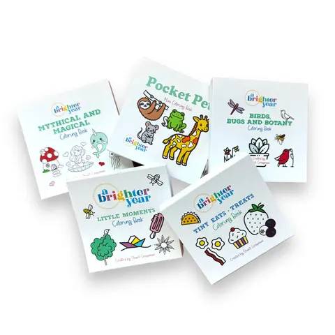 A Brighter Year Adult Mini Coloring Activity Books Bundle - 5-Piece 3x3 In Set, 250 Total Pages (50 Each), Colored Pencils/Acrylic Paint Markers/Gel Pens Compatible, Bold & Easy Coloring, Kids Favorites, Relaxing Christmas Stocking Stuffer Gift