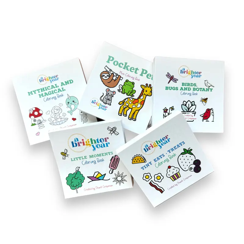 A Brighter Year Adult Mini Coloring Activity Books Bundle - 5-Piece 3x3 In Set, 250 Total Pages (50 Each), Colored Pencils/Acrylic Paint Markers/Gel Pens Compatible, Bold & Easy Coloring, Kids Favorites, Relaxing Christmas Stocking Stuffer Gift