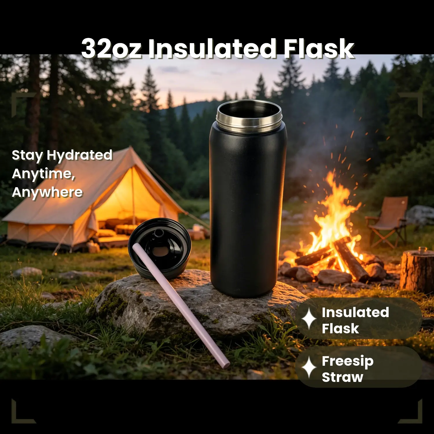 32oz (945ML) Stainless Steel Insulated Tumbler - Freesip with Straw, Button-Lock Sealed, Portable Stainless Steel Drinkware, Strong Insulation, Suitable for Indoor, Camping, Work, Cold/Hot Drinks, Coffee, Frozen Beverages, Exquisite Workmanship