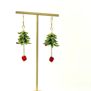 Microcrochet Christmas Tree Earring with Red Agate drop- Festive Holiday Design