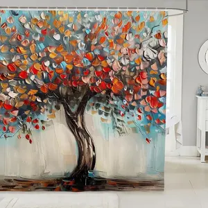 Magic Tree of Life Shower Curtain, Abstract Watercolor Bathroom Curtain, Oil Painting Bath Curtain, Orange Brown Beige Blue Bathroom Accessories