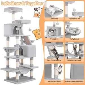 Multi-Level Large Cat Tree for Large Kitties/Big Cat Tower with Condo/Cozy Plush ‌Pussycat Perches/Sisal Scratching Posts and Hammocks/Activity Center/Grey