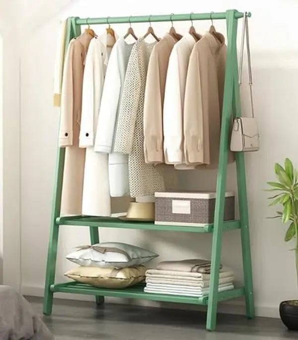 Foldable Wooden Clothes Rail Standclothes Rack with Double Layer Storage Shelf,Clothes Rail for Bedroom, Portable Extra Large Garment Rack 2-Tire Storage Box Shelves for Entryway