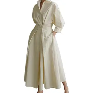 Women's Long - Sleeved Loose Solid Color Lapel Midi Dress
