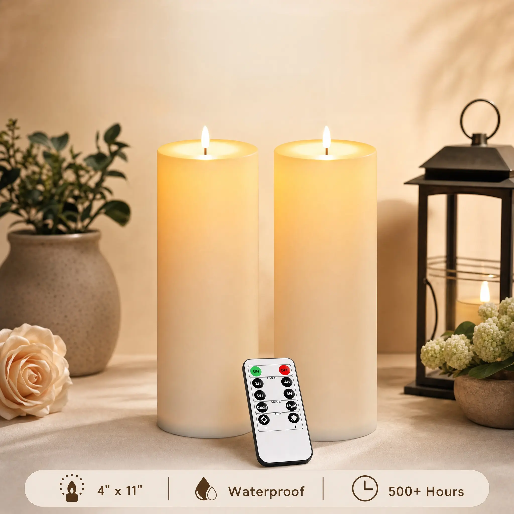 4" x 11" Waterproof Outdoor Flameless Candles Battery Operated LED Large Pillar Candles with Remote and Timer for Indoor Outdoor Lanterns, Long Lasting, White, Set of 2 Lamp Lighting Convenient giant candles summer essentials、outdoor fun、beach