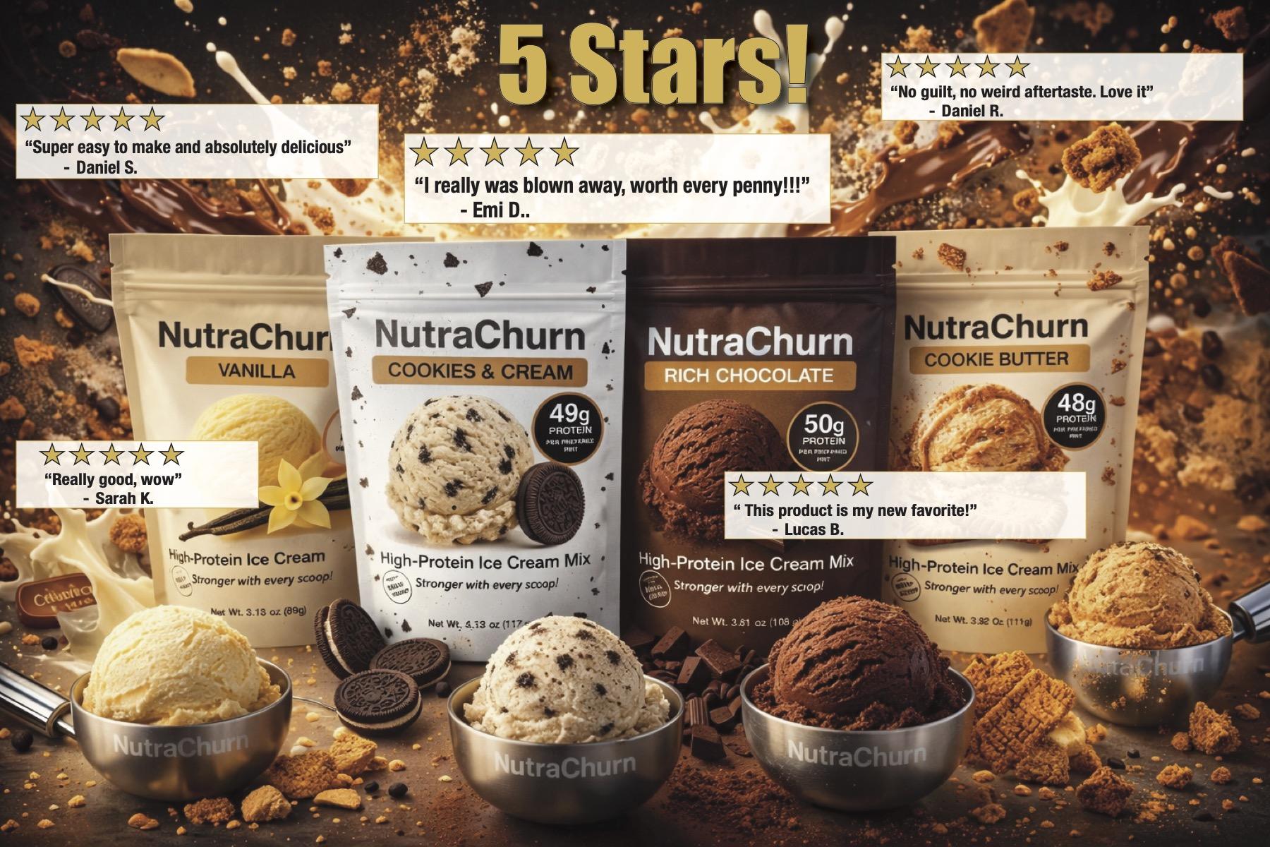 NutraChurn High-Protein Ice Cream Mix 4-Pack Variety – 47–50g Protein Per Pint – For Ninja Creami – Chocolate, Vanilla, Cookies & Cream, Cookie Butter